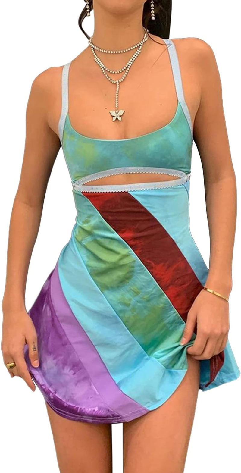 Women'S Fashion Ripple Printing Dress Sexy Summer Spaghetti Strap Backless Suspender Mini Dress A-Line Short Dress