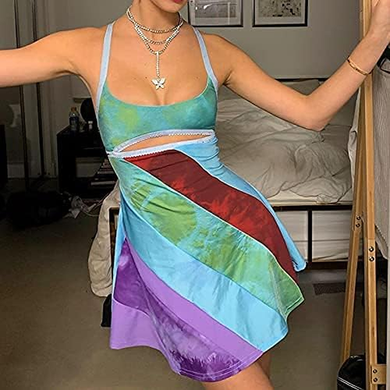Women'S Fashion Ripple Printing Dress Sexy Summer Spaghetti Strap Backless Suspender Mini Dress A-Line Short Dress