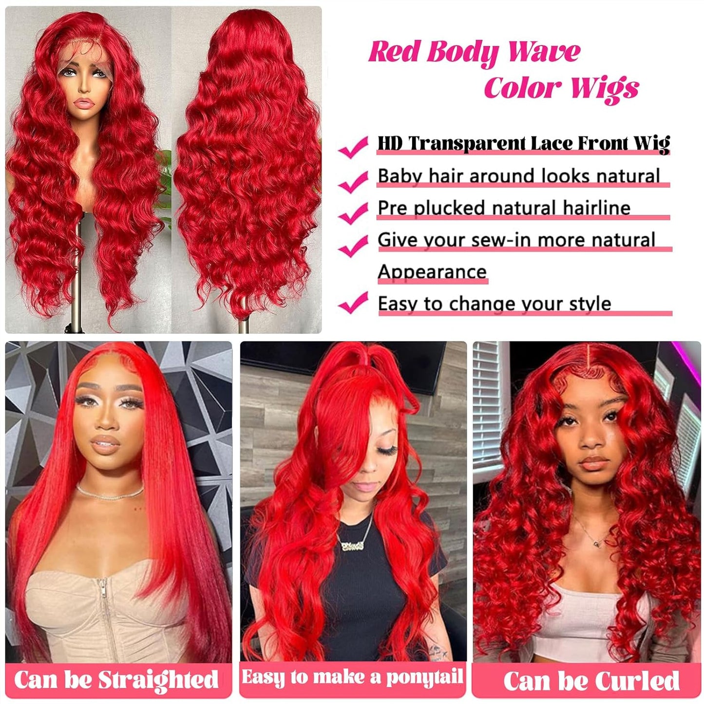 13X4 Transparent Lace Front Wigs, Glueless Pre Plucked Colored Body Wave Frontal Wig 180% Density HD Lace Front Wigs