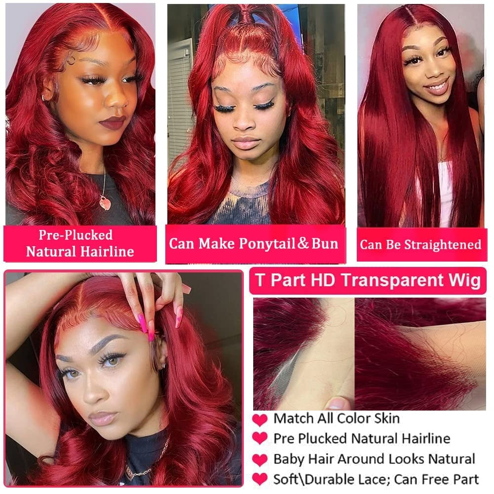 99J Burgundy Lace Front Wigs Human Hair Body Wave Lace Front Wig 180% Density Pre Plucked 13X4X1 T Part Lace Wig Natural Hairline (20Inch)