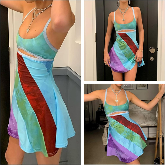 Women'S Fashion Ripple Printing Dress Sexy Summer Spaghetti Strap Backless Suspender Mini Dress A-Line Short Dress