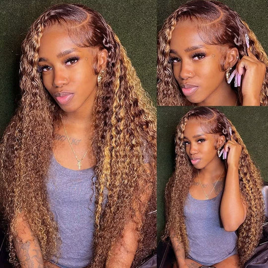 Human Hair Wig 5X5 Highlight P4/30 Brown Water Wave Lace Front Wigs Human Hair Dark Brown Water Wave Human Hair Wig 200% Density